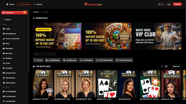 Страница казино TigerBet247 с живыми дилерами