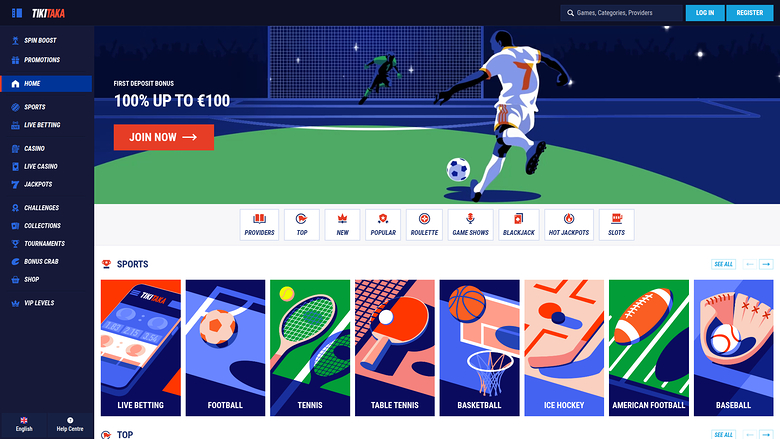 Page d'accueil de bureau de Tikitaka Casino