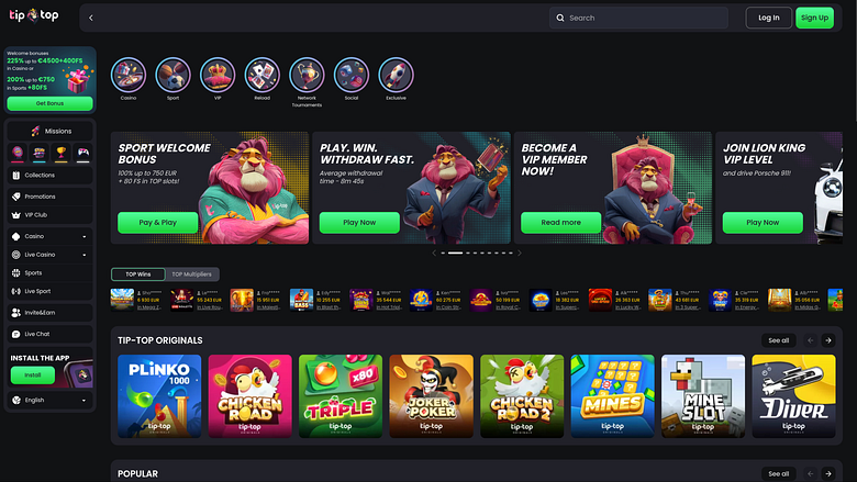 Screenshot della homepage di TipTop Casino