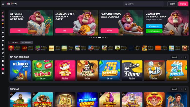 Homepage screenshot of TipTop Casino