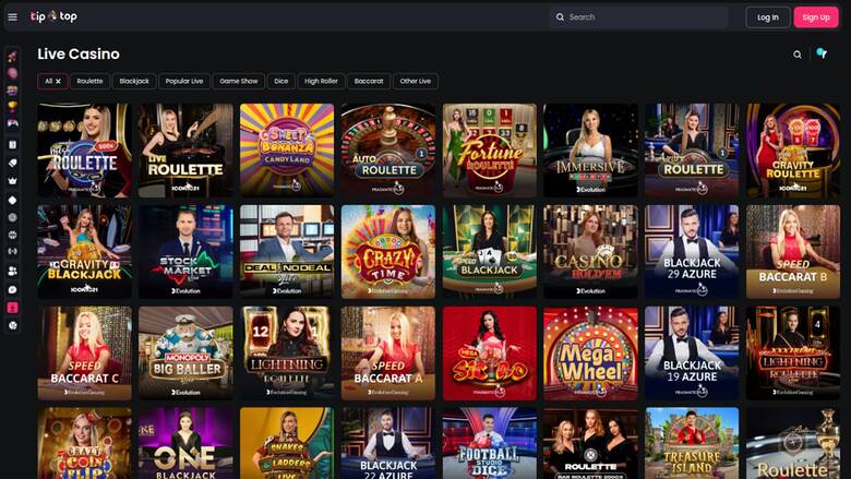 Live page screenshot of TipTop Casino