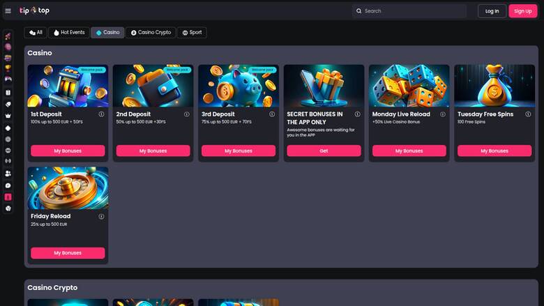 Promotions page screenshot of TipTop Casino