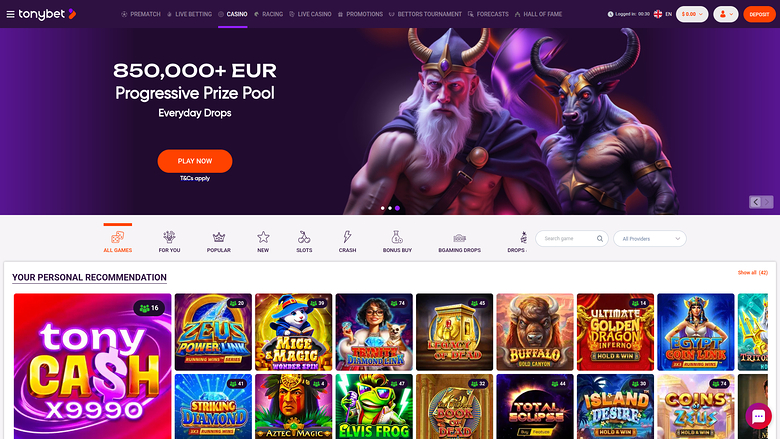 Page d'accueil de bureau de TonyBet Casino