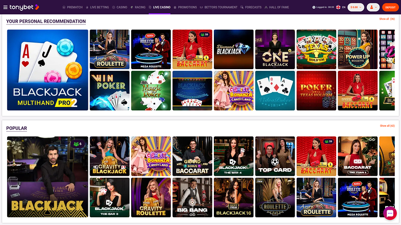 Croupier en direct de bureau de TonyBet Casino