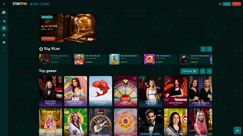 TonySpins Casino Desktop с живым дилером
