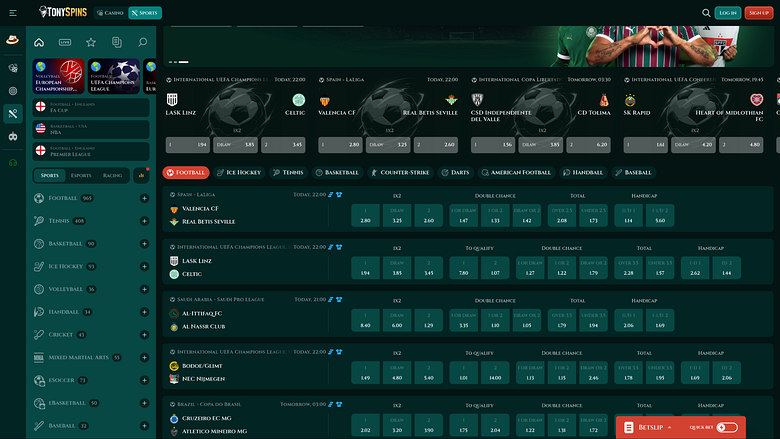 Букмекерская контора TonySpins Casino для настольных компьютеров