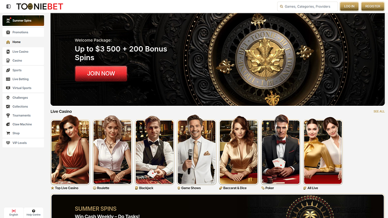 Page d'accueil de bureau de ToonieBet Casino