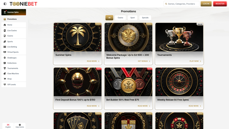 Promotions de bureau de ToonieBet Casino