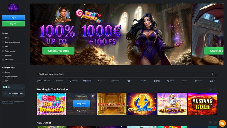Homepage desktop di Touch Casino