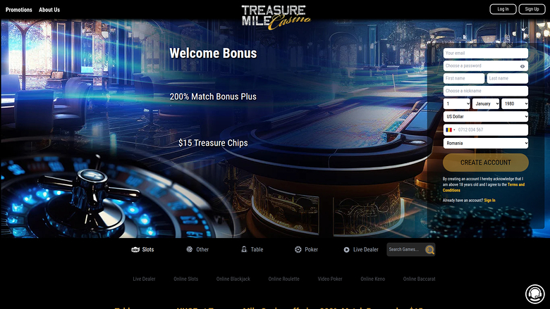 Treasure Mile Casino Desktop Homepage