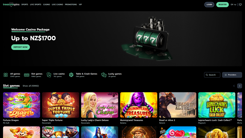 Página de inicio de escritorio de Treasure Spins Casino