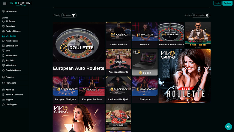 Croupier en direct sur bureau de True Fortune Casino