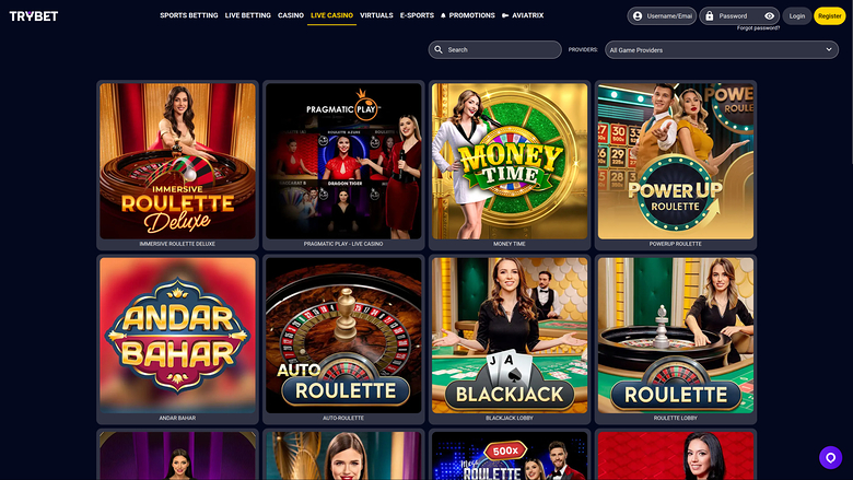Casino Trybet sur ordinateur avec croupier en direct