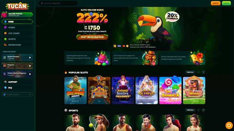Capture d'écran de la page d'accueil du casino Tucan