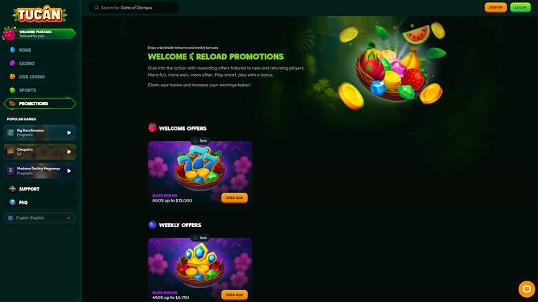 Capture d'écran de la page Promotions du casino Tucan