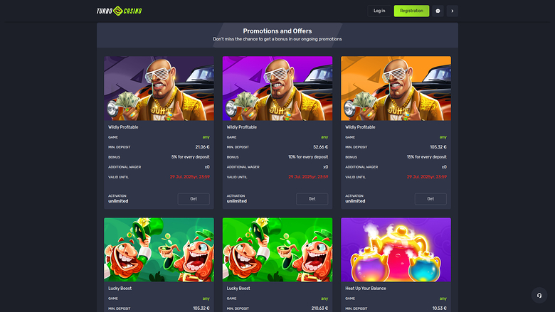 Turbo Casino Desktop-Aktionen