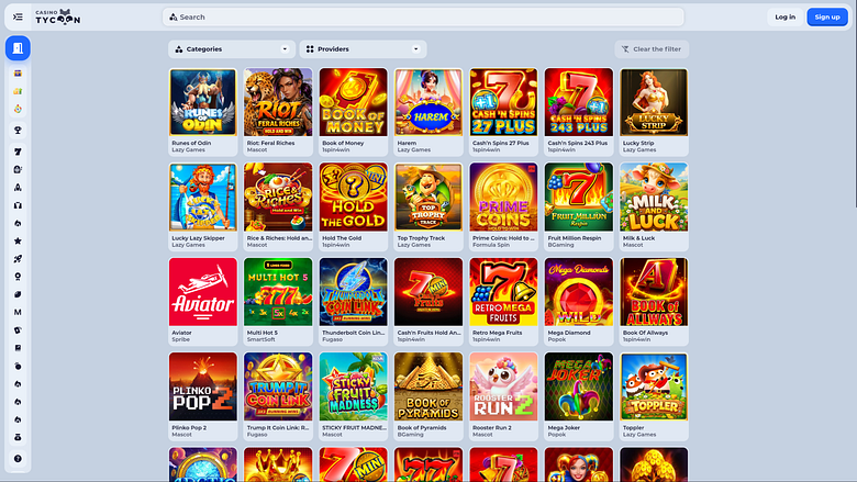 Page des jeux de Tycoon Casino