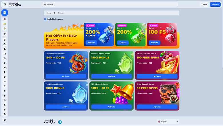 page des promotions de Tycoon Casino