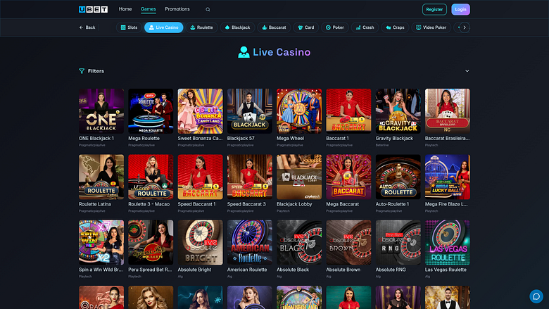 Казино Ubet с живыми дилерами (на компьютере)