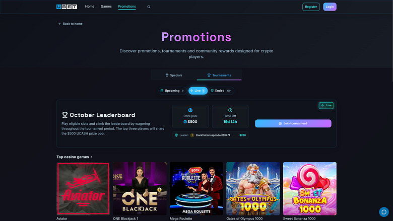 Турниры Ubet Casino для настольных компьютеров