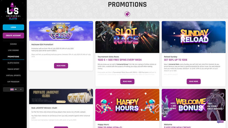 Universal Slots Desktop-Aktionen