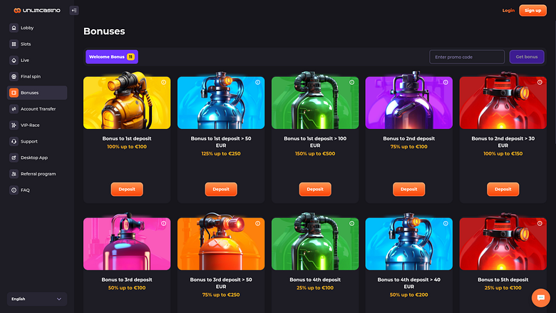 Unlim Casino Desktop-Aktionen