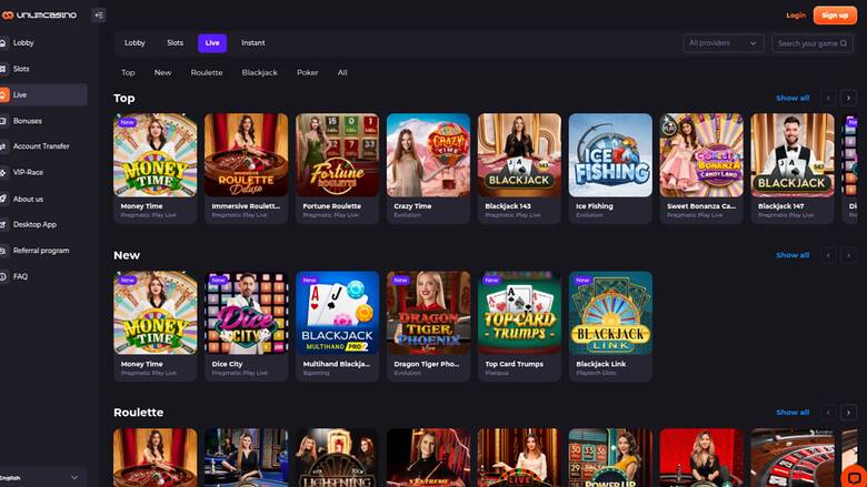 Capture d'écran de la page en direct d'Unlim Casino