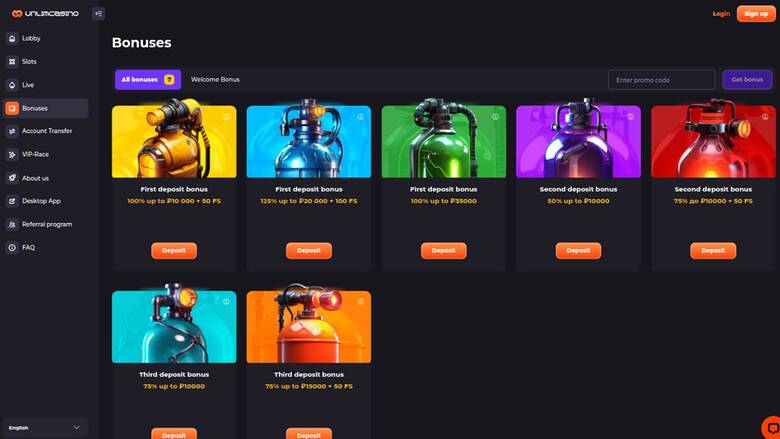 Capture d'écran de la page Promotions du casino Unlim