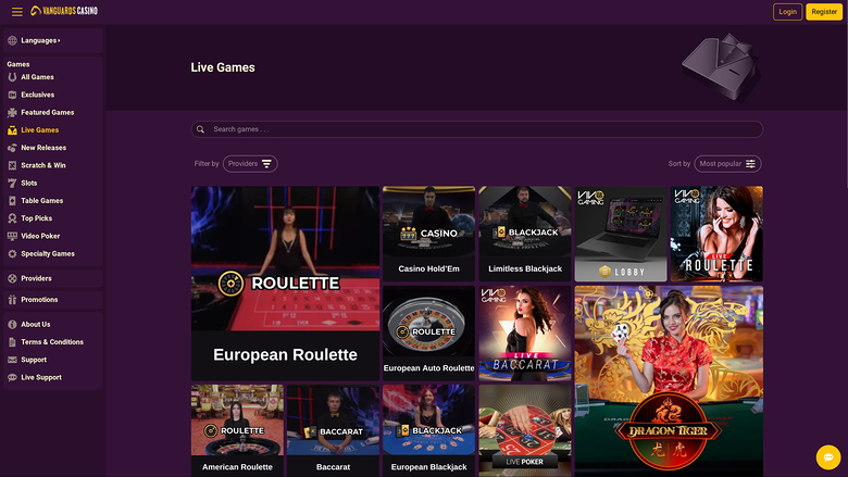 Casino Vanguards sur ordinateur avec croupier en direct