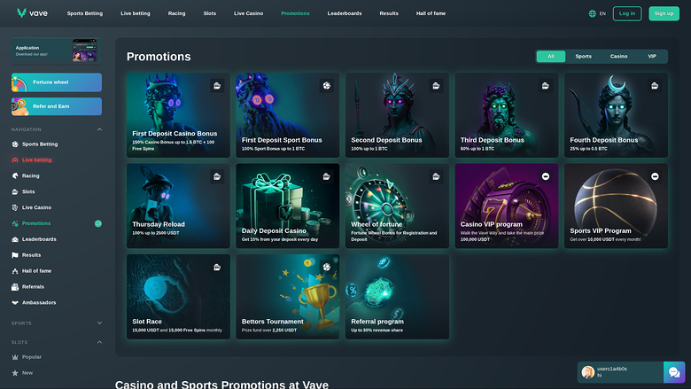 Vave Casino Desktop Promotions