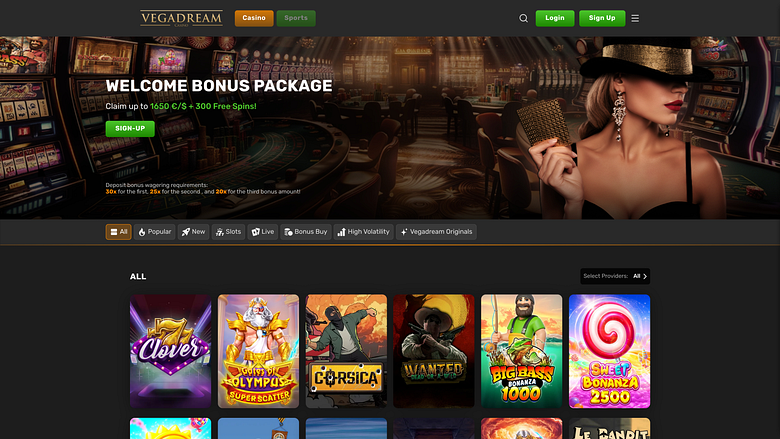 Page d'accueil du casino Vegadream pour ordinateur