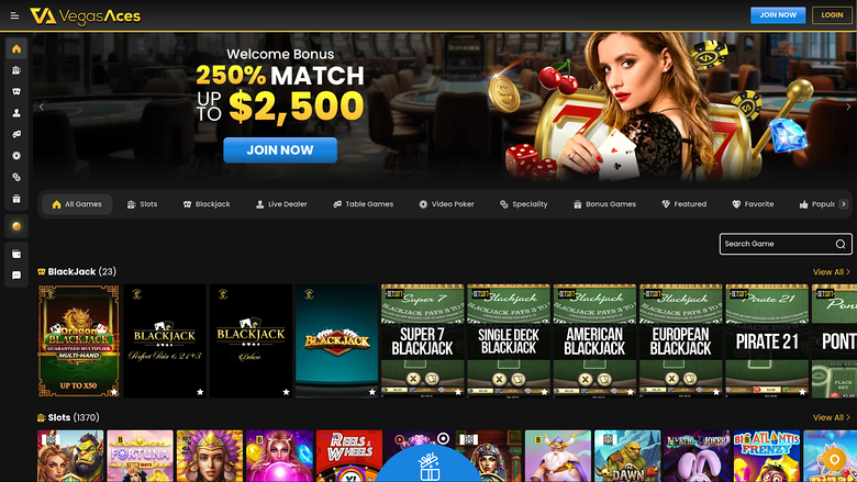 Page d'accueil du casino Vegas Aces pour ordinateur