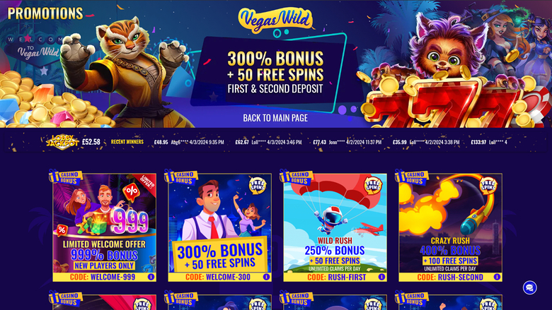 Promotions sur bureau de Vegas Wild Casino