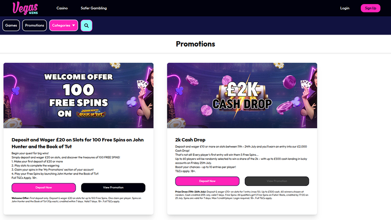 Vegas Wins Casino Desktop-Aktionen