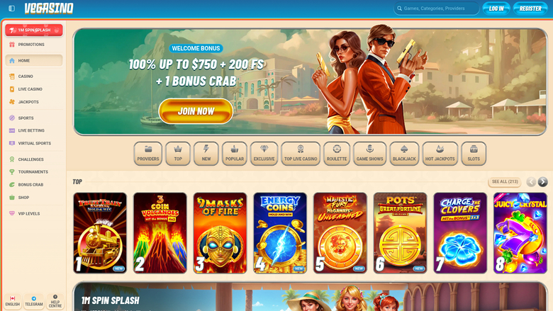 Página de inicio de escritorio de Vegasino Casino