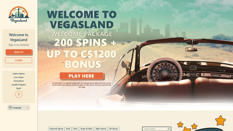 Page d'accueil de VegasLand Casino sur ordinateur