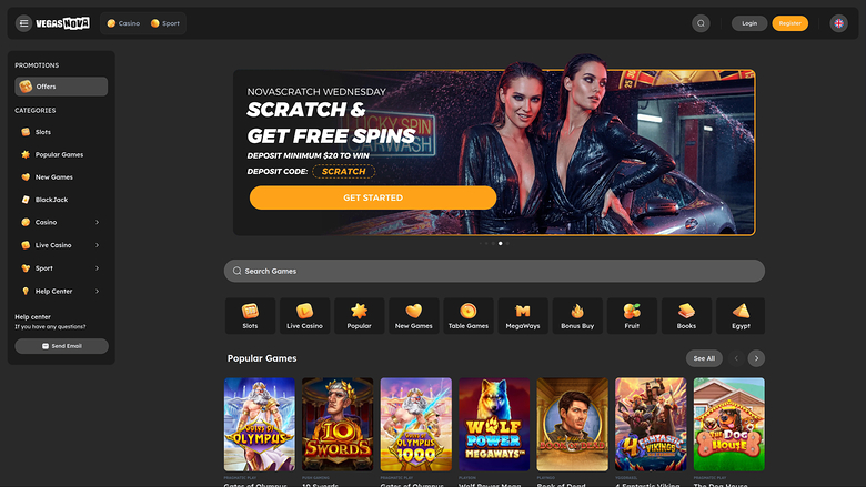 Page d'accueil du casino VegasNova pour ordinateur