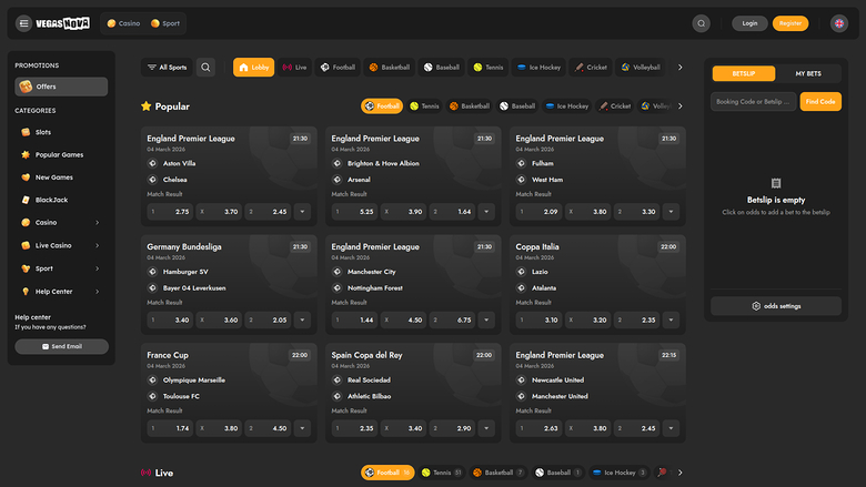 Sports de VegasNova Casino sur ordinateur