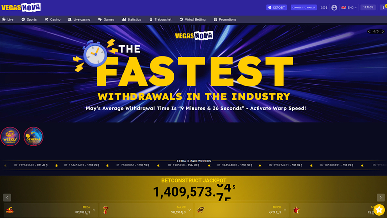 Page d'accueil de VegasNova Casino sur ordinateur