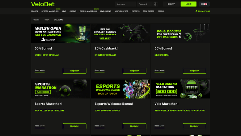 Promotions de Velobet sur ordinateur