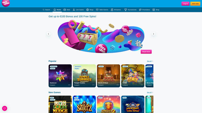 Página inicial do Vera John Casino para desktop