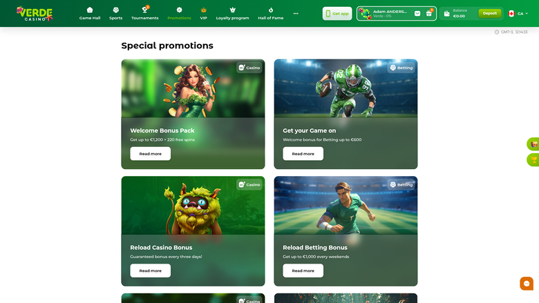 Promociones de Verde Casino para escritorio
