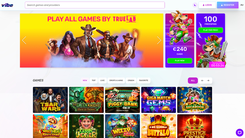 Page d'accueil de Vibe Casino sur ordinateur