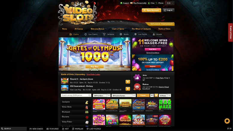 Page d'accueil de Videoslots Casino sur ordinateur