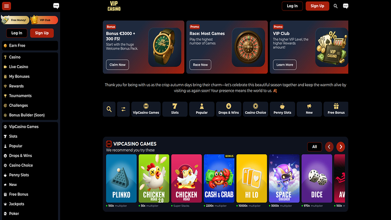 Screenshot der Startseite von VipCasino für Desktop
