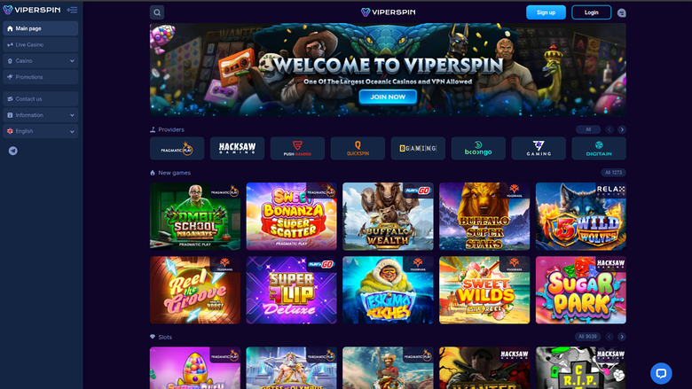Page d'accueil de Viperspin Casino sur ordinateur