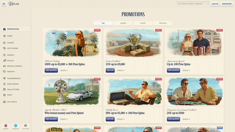 Promotions VIPLuck Casino sur ordinateur