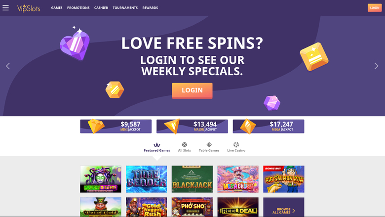 Page d'accueil de VipSlots Casino sur ordinateur