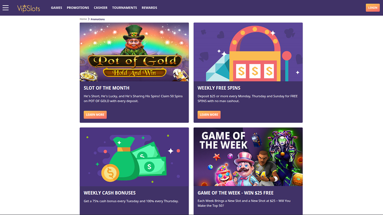 Promotions de VipSlots Casino sur ordinateur
