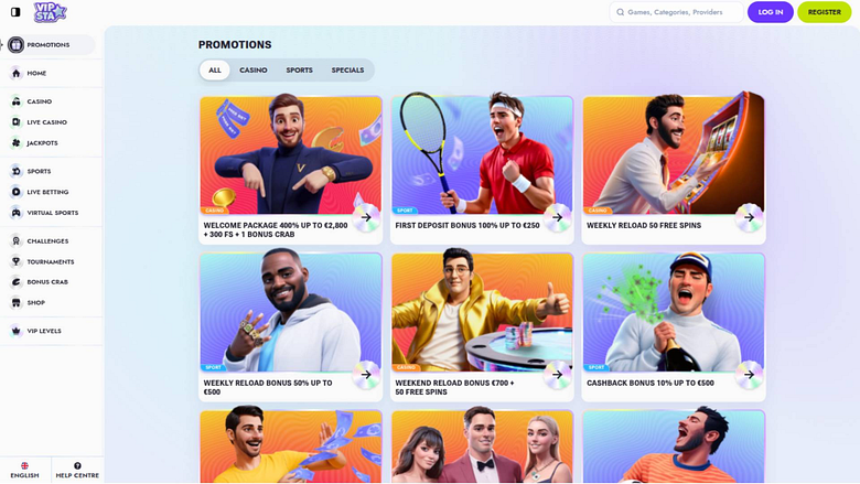 Capture d'écran de la page des promotions du casino Vipsta